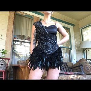 FEATHER OFF THE SHOULDER BEBE DRESS